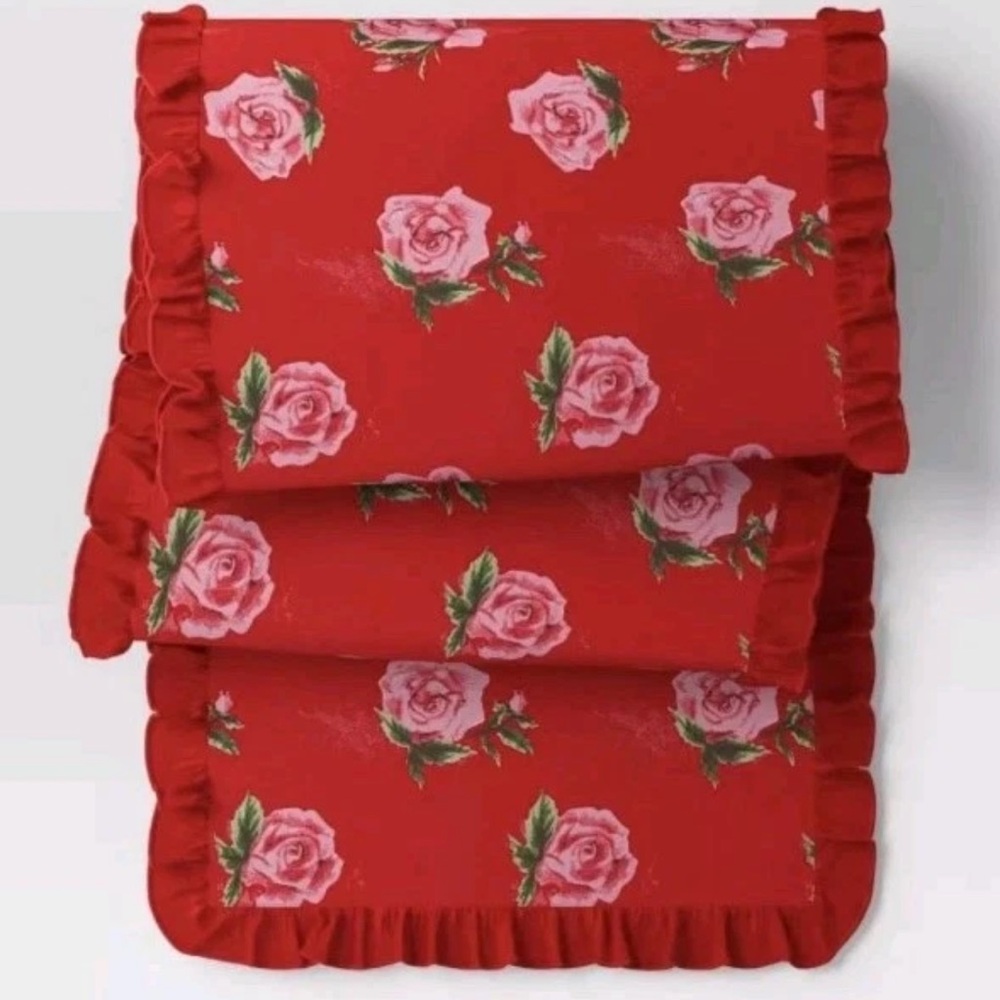 Red Floral reversible striped Table Runner